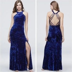 Morgan and co blue velvet prom dress with added bling but can be taken off